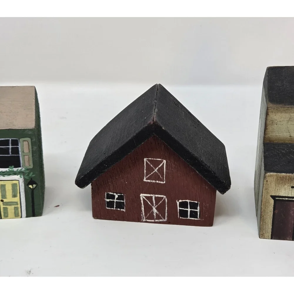 Primitive Folk Art Wooden Village Houses Set of 4 Handpainted Church Barn